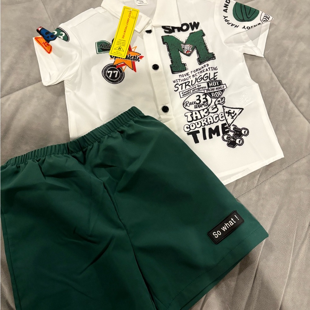 White Graphic Shirt and Green Shorts Set